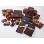 A mixed lot containing various leather collar boxes, old tie presses, assorted round boxes, glove