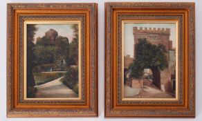 M.S.Bickell, two signed oil on canvas 'Dunster Castle, Somerset' and another, 24cm x 16cm, framed.