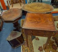 A 19th century Swiss inlaid tripod table decorated with stags, a small corner cabinet, a Victorian