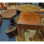 A 19th century Swiss inlaid tripod table decorated with stags, a small corner cabinet, a Victorian