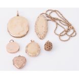 A mixed lot including a 9ct yellow gold textured edge oval pendant on a 9ct yellow gold rope twist
