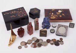 A mixed lot including a hard stone carvings, oriental figure, general coinage etc.
