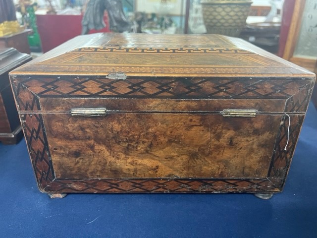 A Victorian walnut and parquetry inlaid sewing box the lid with a pictorial scene with a fitted tray - Image 9 of 12