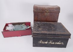 Two old tins containing collections of Antique pewter ware together with collection of various old