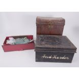 Two old tins containing collections of Antique pewter ware together with collection of various old