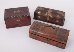 Two Victorian walnut and other glove boxes, one containing various items including a Reflex gents