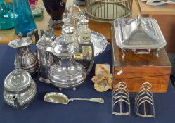 A collection of sliver plated wares together with a Victorian walnut writing slope.