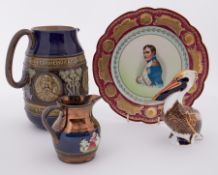 A mixed collection including Royal Doulton King Edward 'Coronation' jug, Royal Crown Derby 'Pelican'