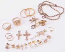 A mixed lot of jewellery to include two 9ct yellow gold signet rings, total weight 6.19gm, a 22ct