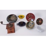 A cloisonne bowl and other metalware's together with a French coffee grinder and enamelled chamber