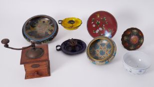 A cloisonne bowl and other metalware's together with a French coffee grinder and enamelled chamber