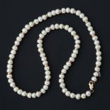 A string of freshwater pearls with 9ct yellow gold spacers & clasp, approx. 17", 23.3gm.