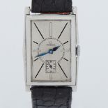 Omega, a stainless steel rectangular faced Omega wristwatch, glass missing, blue metallic hands,