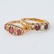 Two 18ct yellow gold rings to include an 18ct yellow gold ring set with three oval cut red stones