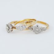 Three 18ct yellow gold rings to include an 18ct yellow gold flower design ring set with small