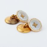 A pair of 18ct yellow gold enamel & mother of pearl 'button' design cufflinks, 8.7gm.