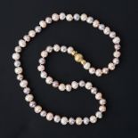 A string of natural shaped peach, pink & cream freshwater pearls strung to a frosted 18ct yellow