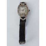 A platinum & diamond Art Deco ladies wristwatch with black fabric strap, 14.7gm.