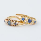 An 18ct yellow gold 'gypsy' style ring set with sapphires & two small round cut diamonds, 3.5gm,