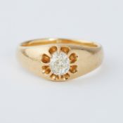 An antique 18ct yellow gold ring set with an old rose cut diamond in a 'gypsy' style setting, (