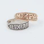 A 9ct yellow gold 'Mizpah' ring, 3.3gm, size R and a silver 'Regard' ring, 2.7gm, size N 1/2, (2).