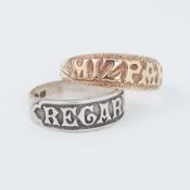 A 9ct yellow gold 'Mizpah' ring, 3.3gm, size R and a silver 'Regard' ring, 2.7gm, size N 1/2, (2).