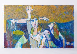 Unframed painting titled ' Three Dancers [1]' 1988 ?, acrylic/board, 61cm x 98cm