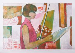 Painting titled ' Gwen with Violin in Studio' c.1981, oil on canvas, 90cm x 137cm