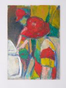 Unframed painting titled ' Girl at a Basin with Red Hat' 1986, oil/cardboard, 42cm x 30cm