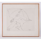 Framed drawing titled ' Girl and Umbrella' 1978-80, conte on paper, 48cm x 55cm