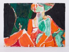 Unframed painting titled ' Female in Pink and Green' 1991, oil on board, 21cm x 30cm