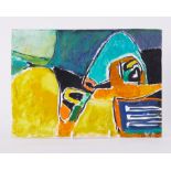 Unframed painting titled 'Black Forms with Yellows' 1991, oil on board, 21cm x 30cm