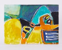 Unframed painting titled 'Black Forms with Yellows' 1991, oil on board, 21cm x 30cm