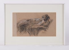 Framed drawing titled ' Barbara Reclining' 1961, conte on grey paper