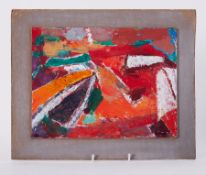 Mounted painting titled ' Boats on Red II' 1990, oil on board, 31cm x 38cm, mounted again on board