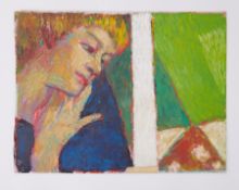 Unframed oil on card titled ' Girl in Contemplation' 1985, unframed oil on card, 34cm x 45cm