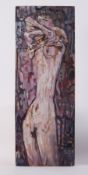 Unframed oil on board titled 'Woman Undressing' c.1957, unframed oil on board, 85cm x 30cm