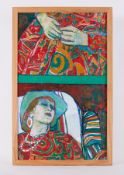 Framed painting titled ' Diptych Barbara Face & Hands' 1986, oil on board, 97cm x 61cm
