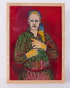 Framed painting titled 'Sarah in Green Striped Dress and Headscarf', 1986, acrylic/board, 87 x