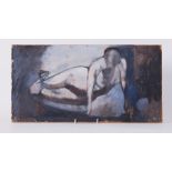 Unframed painting titled ' Press-up figure (1)' c.1955, oil on board, 26cm x 50cm
