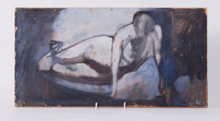 Unframed painting titled ' Press-up figure (1)' c.1955, oil on board, 26cm x 50cm