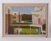 Framed painting titled ' Grizedale College Residences' 1981, pastel on paper, 51cm x 68cm