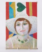Unframed painting 'Barbara in Pale Pink Hat', c1981, oil on canvas board, 30 x 20cm