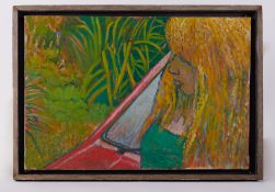 Framed painting, 'Vic Windscreen & Garden', c1982, oil on canvas, 51 x 75cm.