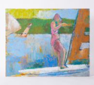 Unframed painting, 'Windsurfing with Girl in Pink' 1986, acrylic/board, 61cm x 76cm