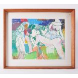 Framed pastel titled ' Three Beach Figures' 1988, oil pastel on board, 54cm x 65cm