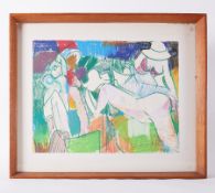 Framed pastel titled ' Three Beach Figures' 1988, oil pastel on board, 54cm x 65cm