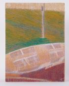 Unframed drawing titled ' Building reflected in car roof' c.1978, pastel on board, 51cm x 38cm