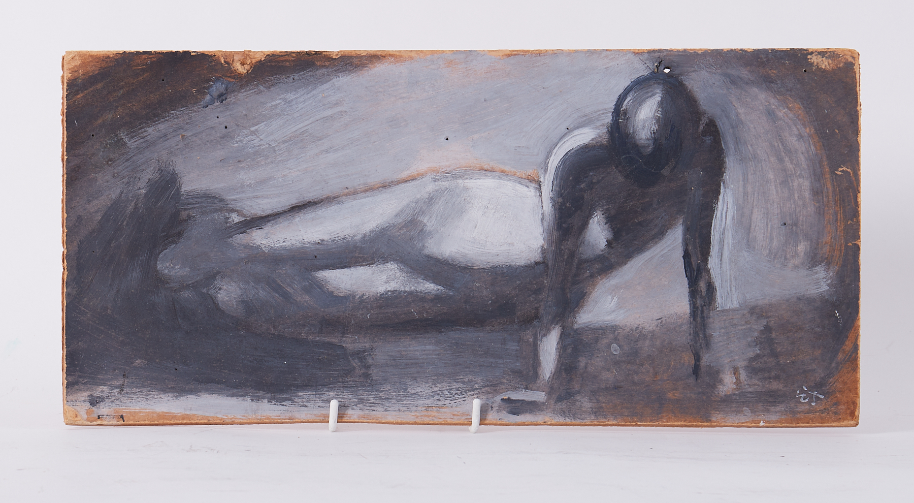 Unframed painting titled ' Press-up figure (2)' c.1955, oil on board, 19cm x 42cm