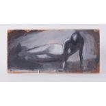 Unframed painting titled ' Press-up figure (2)' c.1955, oil on board, 19cm x 42cm